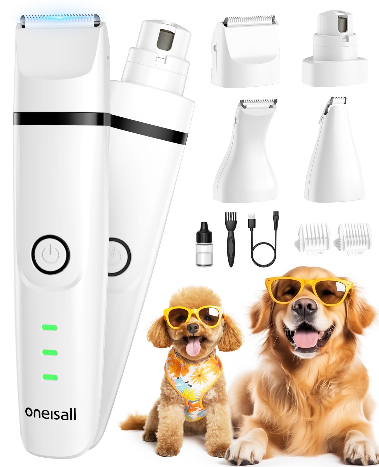 oneisallPaw Trimmer for Small Dogs Quiet, 4 in 1 Small Dog Grooming Kit, 2 Speed Dog Grooming Kit for Small Dogs, Cordless Small Dog Clippers, Quiet Dog Nail Grinder for Small Dogs(White)