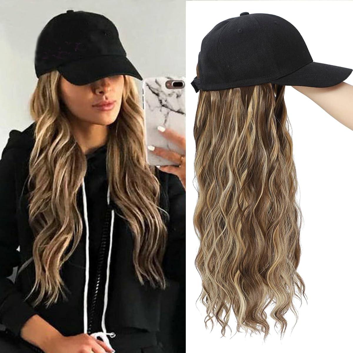 Baseball Cap Wig Long Natural Wavy Hair Extensions With Hat Heat Resistant Synthetic Mix Brown blonde Fiber Extensions Adjustable Hat Wig for Women Girls