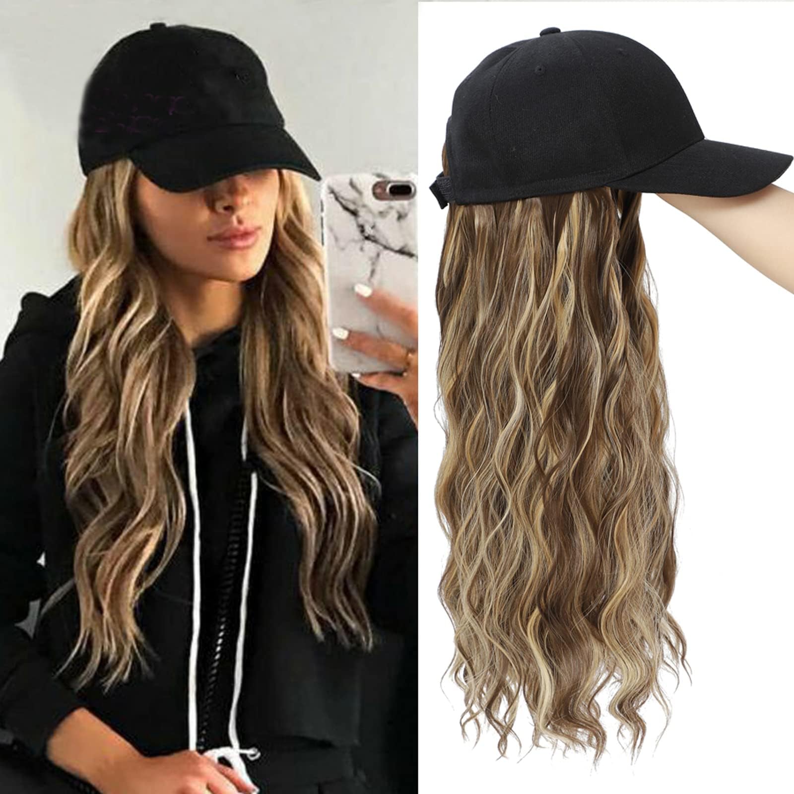 Hat Wig for Women Baseball Long Natural Wavy Hair Adjustable black hat,brown wig Amazon.com : CHRSHN Short Wave Baseball Cap Wig with Curly  main image 3
