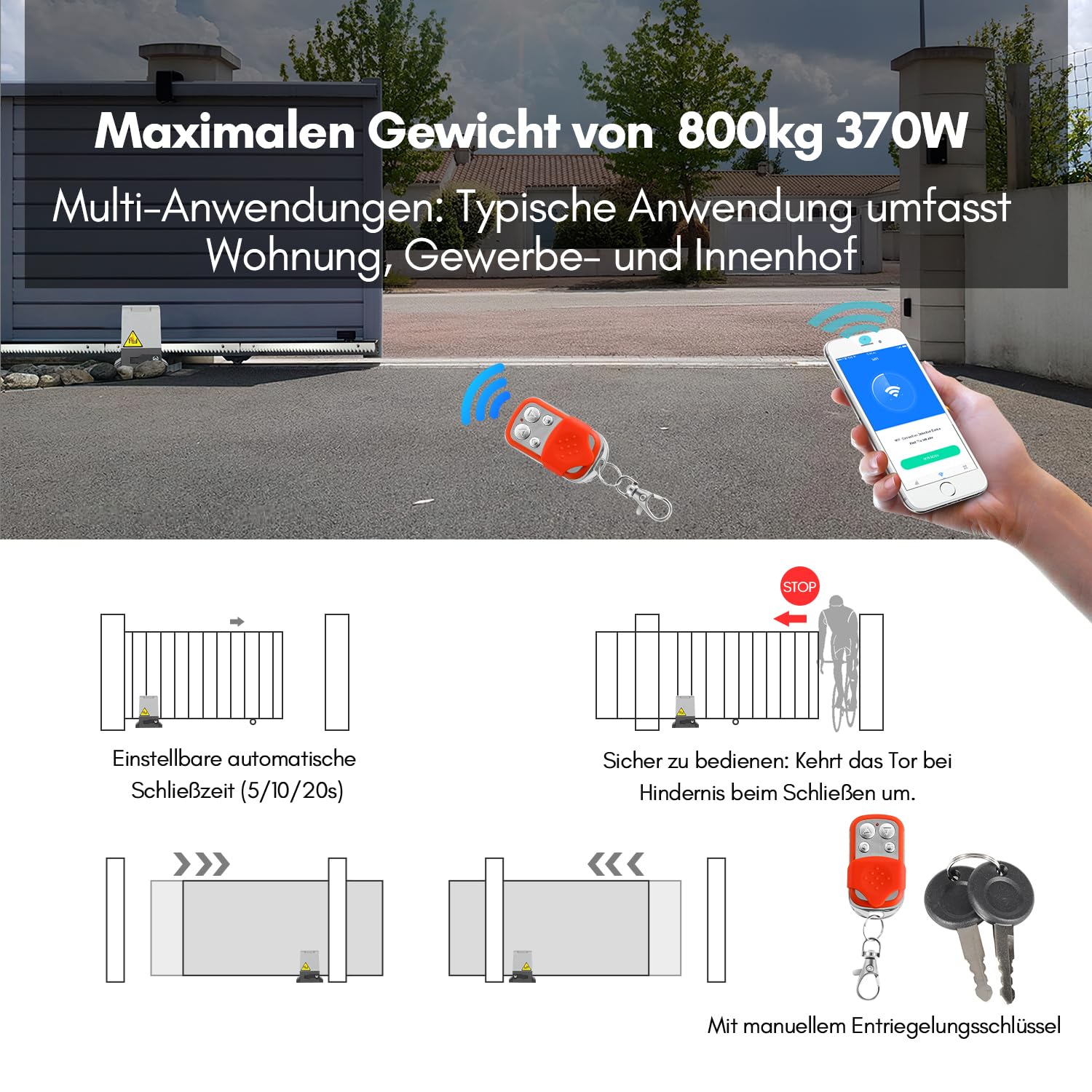 Ikodm Operador de Apertura de Puerta 1200 kg 550W Smart WiFi Motor Puerta Corredera con 4M Cremallera, 2 Control Remoto y la función de cierre automático para Puerta de Jardín, Garaje