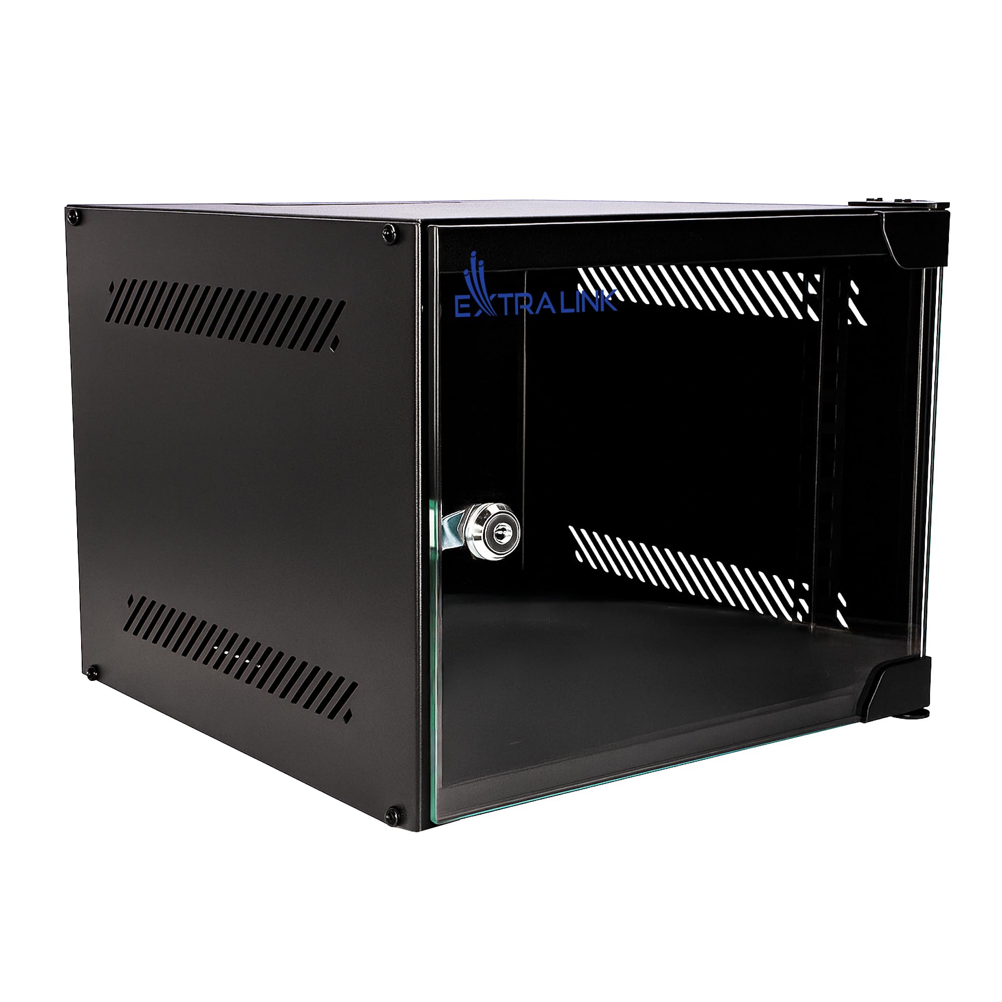Extralink Armario Rack de 10" 4U - Armario de Red de 310 mm, Montaje en Pared o Suelo, hasta 30 kg, Puerta de Cristal Templado, Apertura de 180°, Negro - para Red doméstica y Equipos informáticos