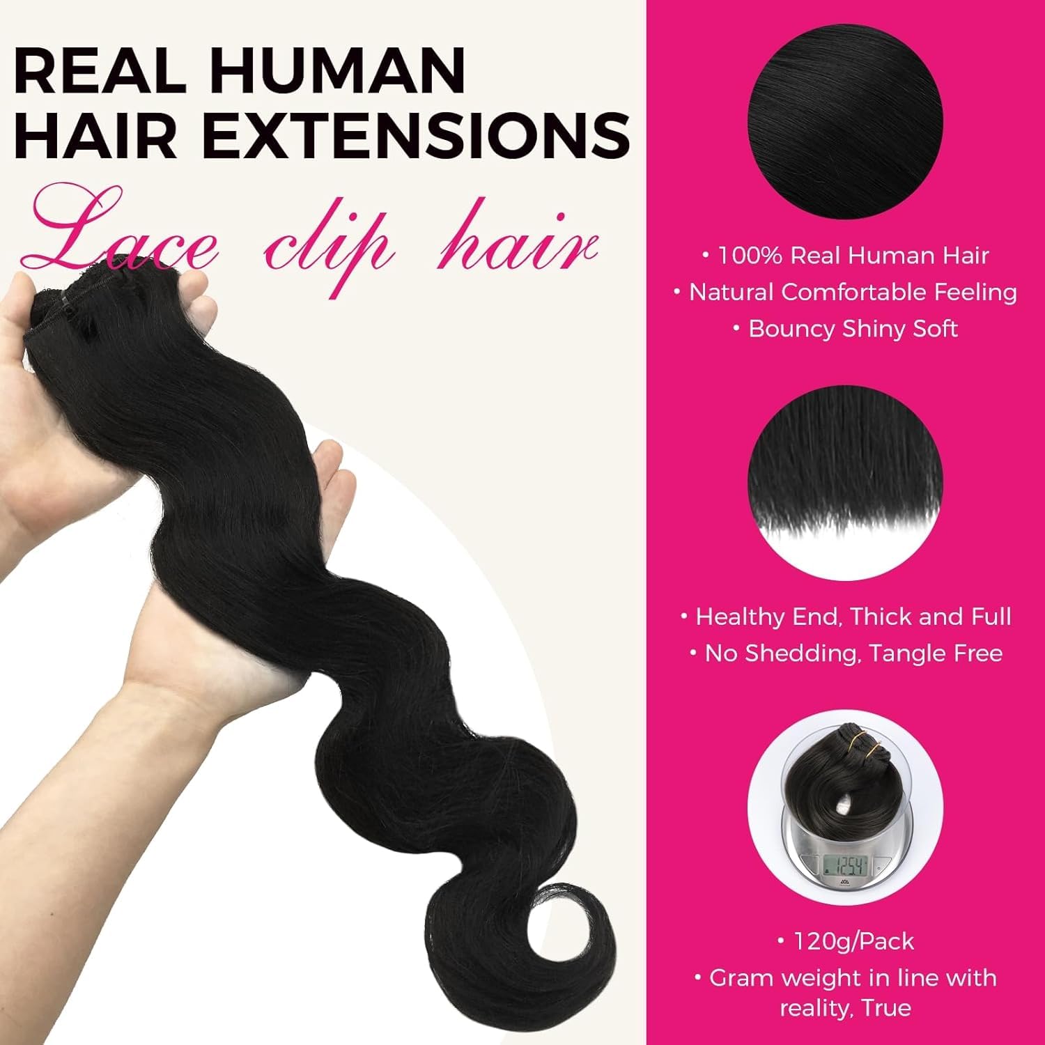 Lashey Clip in Hair Extensions 7pcs 120g Body Wave Remy Human Hair Extensions for Women 16 Inch Natural Black Hair Extensions with Lace Weft - Image 3