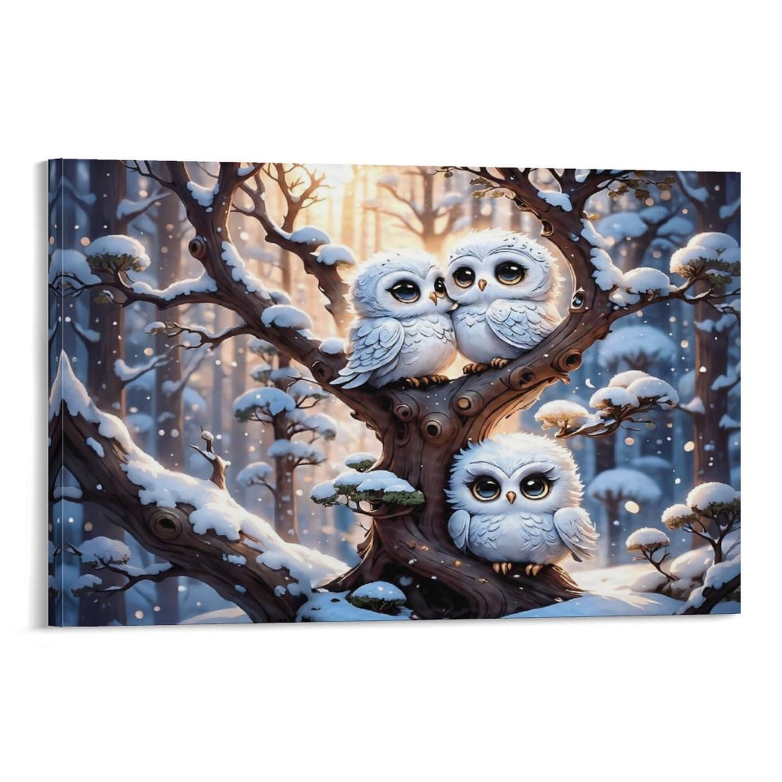 CPLVKWRQJ Snowy Owl Family Single Three Fluffy Owls Snowy Sunlit Woodland Tree Canvas Wall Art - Fade Resistant Ready to Hang Living Room Focal Point Wall Decor 08x12inch(20x30cm)