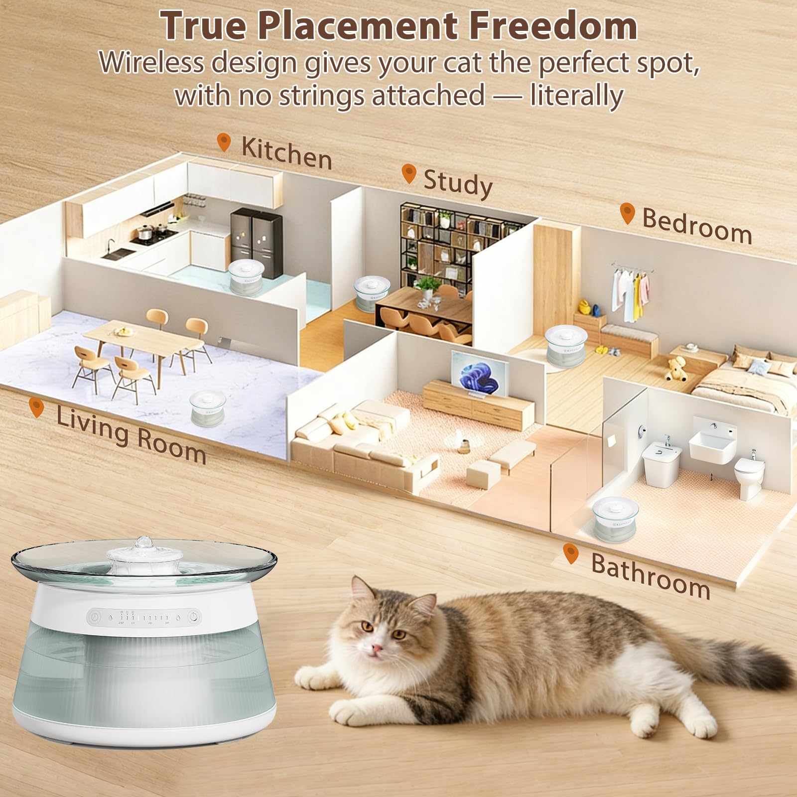 Fuente de agua inteligente de vidrio para gatos, fuente de agua inalámbrica sin filtro, no necesita filtro, dispensador de agua inalámbrico ultra silencioso para mascotas para interiores