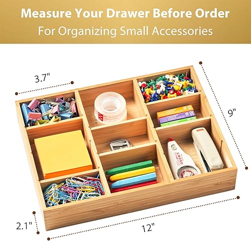 Vista 3 de Umilife Organizador de cajones de escritorio, bandeja organizadora de madera de bambú con compartimentos ajustables, accesorios de escritorio
