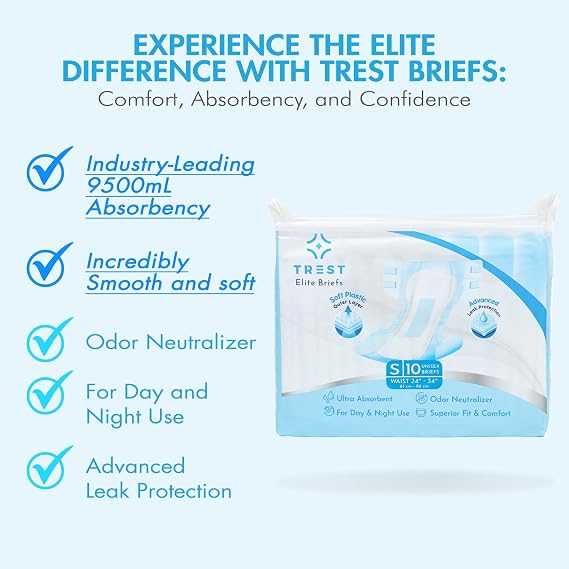 TREST Elite Briefs for Men and Women, Overnight Diapers for Incontinence, Elite Absorbency, Comfortable, Odor Neutralizing and Secure Fit with 2 Wide Tabs - Blue, Small (Pack of 10)