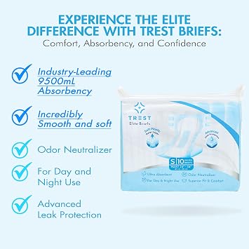 TREST Elite Briefs for Men and Women, Overnight Diapers for Incontinence, Elite Absorbency, Comfortable, Odor Neutralizing and Secure Fit with 2 Wide Tabs - Blue, Small (Pack of 10)