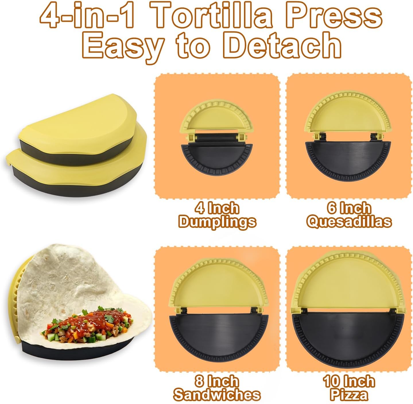 4 in 1 Tortilla Sealer and Crimper 4/6/8/10 Inch Manual Detachable Plastic Press Sealer for Quesadilla Taco Empanada Pies Sandwish Maker Leak-Proof and Dishwasher-Safe image 2
