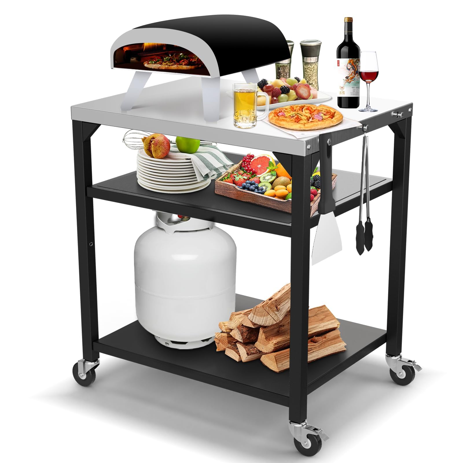GFTIME Carro de mesa para horno de pizza, para Ooni, Ninja Woodfire, Blackstone Griddle, Weber Q, carrito grande de isla de cocina multiusos, soporte para barbacoa al aire libre, mesa de barbacoa de