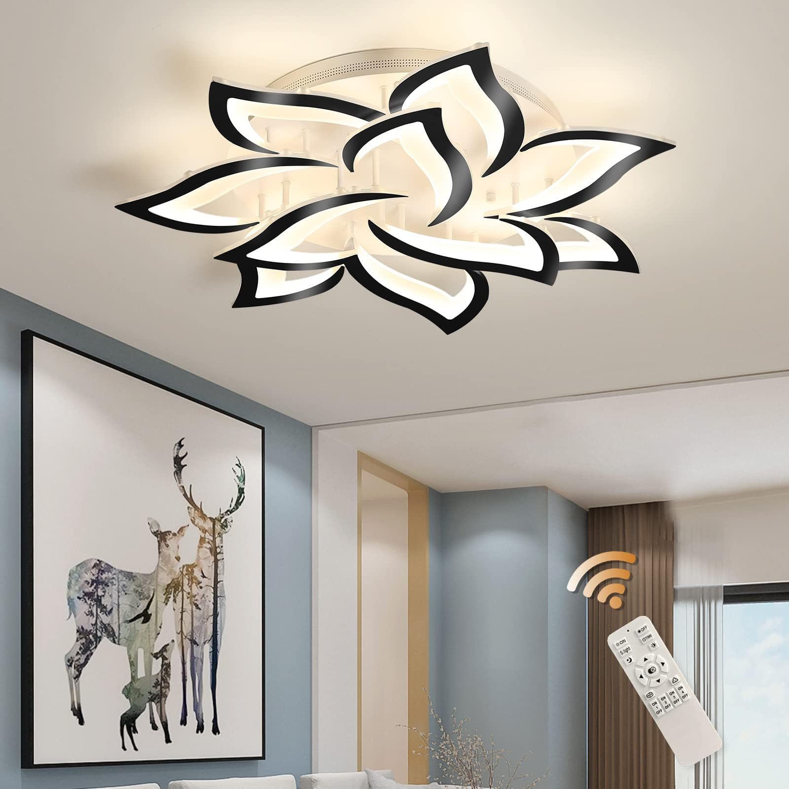 Garwarm Modern LED Ceiling Lights,Dimmable Flush Mount Ceiling Lamp Fixture, Black Petals Flower Shape Ceiling Light Chandelier Lighting for Bedroom Living Dining Room (72W, Black)