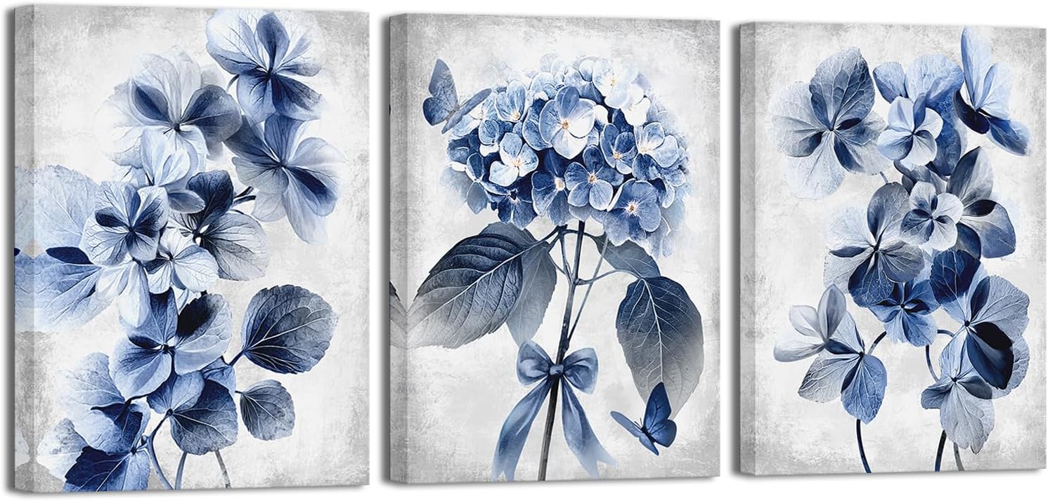 RyounoArt Blue Flower Pictures Navy Blue Hydrangea Wall Art Canvas Modern Floral Paintings for Bathroom Wall Decor 12 * 16 inch *3pcs