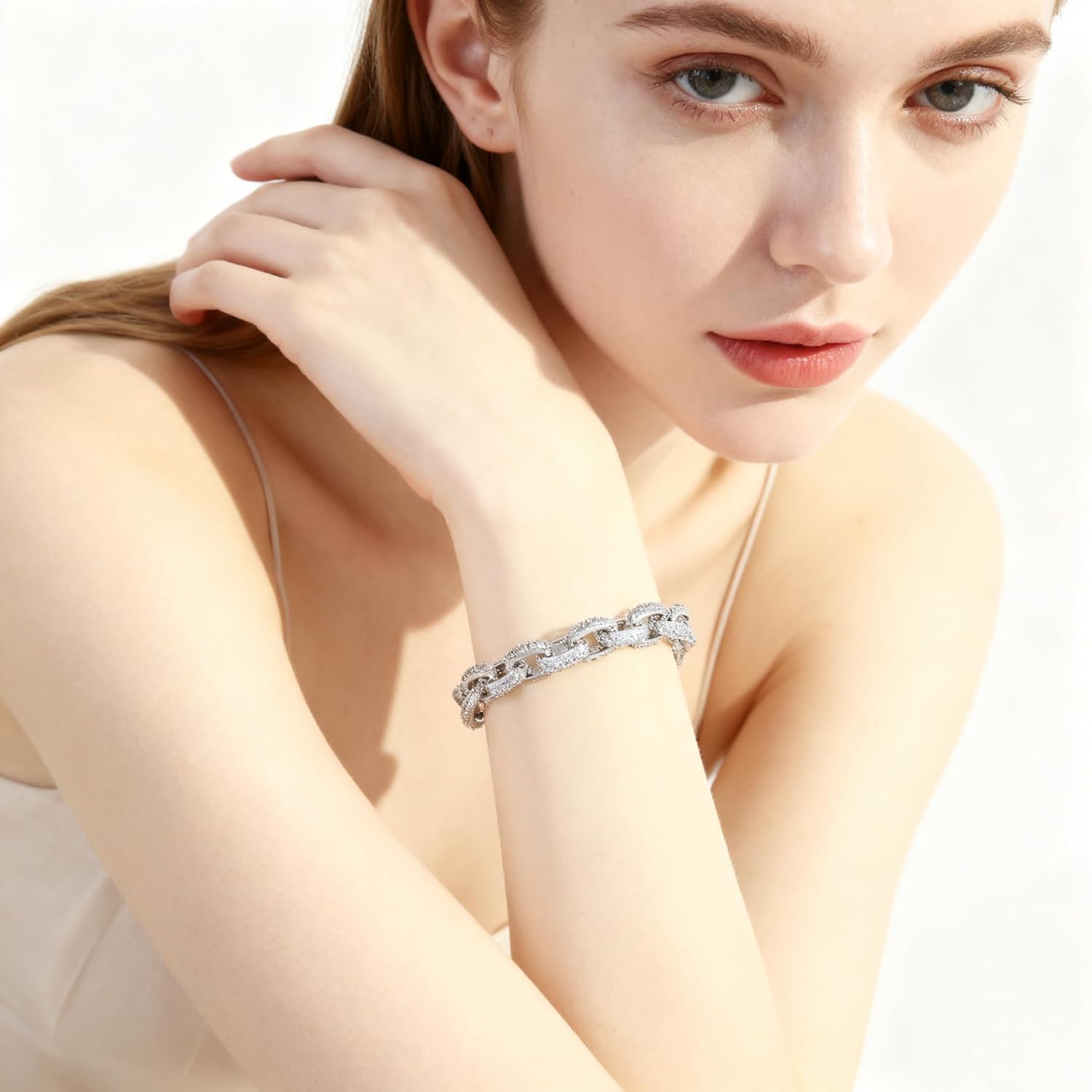 Silver Plated White Cubic Zirconia Pave Bracelet,Bling CZ O-chain Hip Hop Cuban Bracelets Tennis Bracelet for Women Men Jewelry,7.2" - Image 4