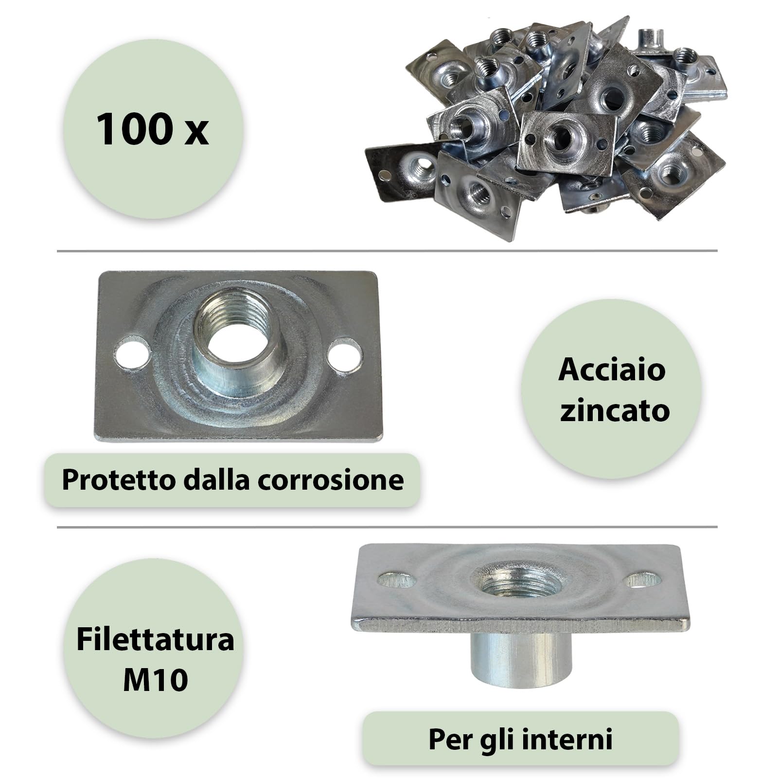 ALPIDEX 100 Dadi a T M10 Base Rettangolare da Avvitare Zincati DIN EN 12572-2 per Arrampicata, Prese Climbing e Mobili