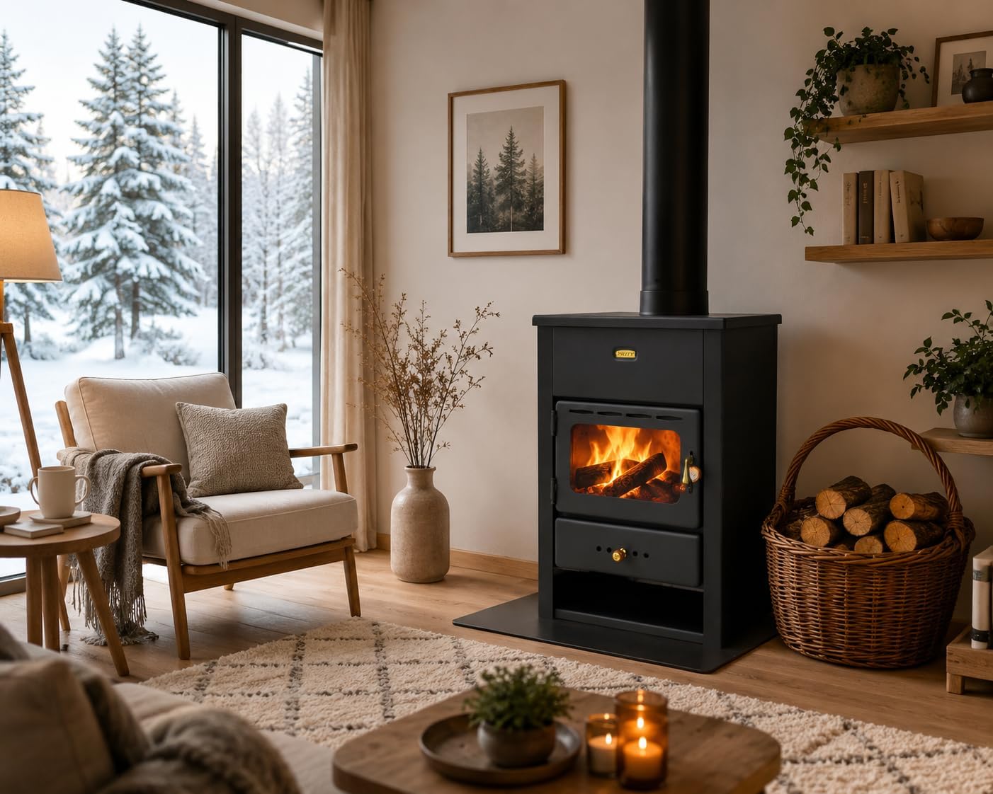 Prity K2 10 kW Wood-Burning Fireplace Stove with a fire burning inside, viewed through the glass door