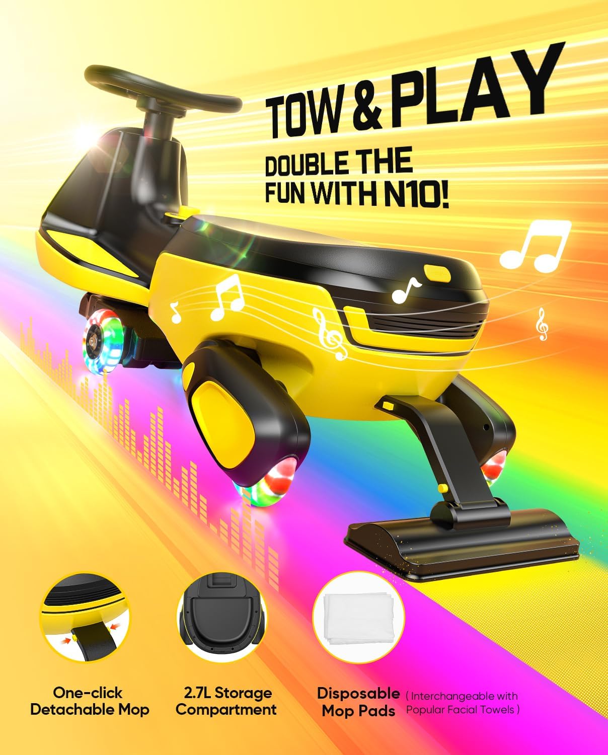 FanttikRide N10 Classic Electric Wiggle Car with Pedal, Type-C Rechargeable Battery, One-Click Detachable Mop, GlideWiz, Anti-Rollover, Flashing Wheels, Bluetooth, Ages 3+, 150 Lbs, Yellow