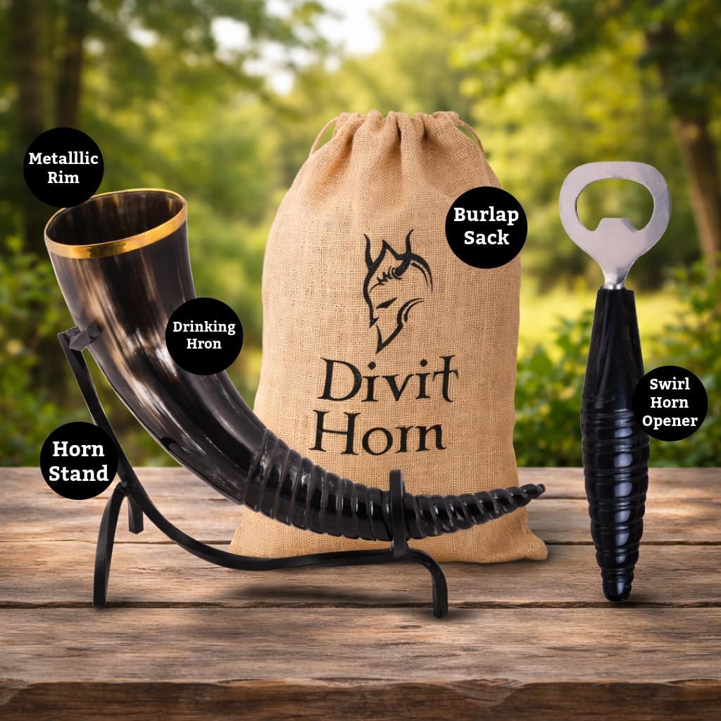 Divit Genuine Viking Drinking Horn with Iron stand | Authentic Medieval Beer Drinking Horn | Brass Adornments & Burlap Gift Sack Included | 16 oz capacity (Swirl Carved, Polished)