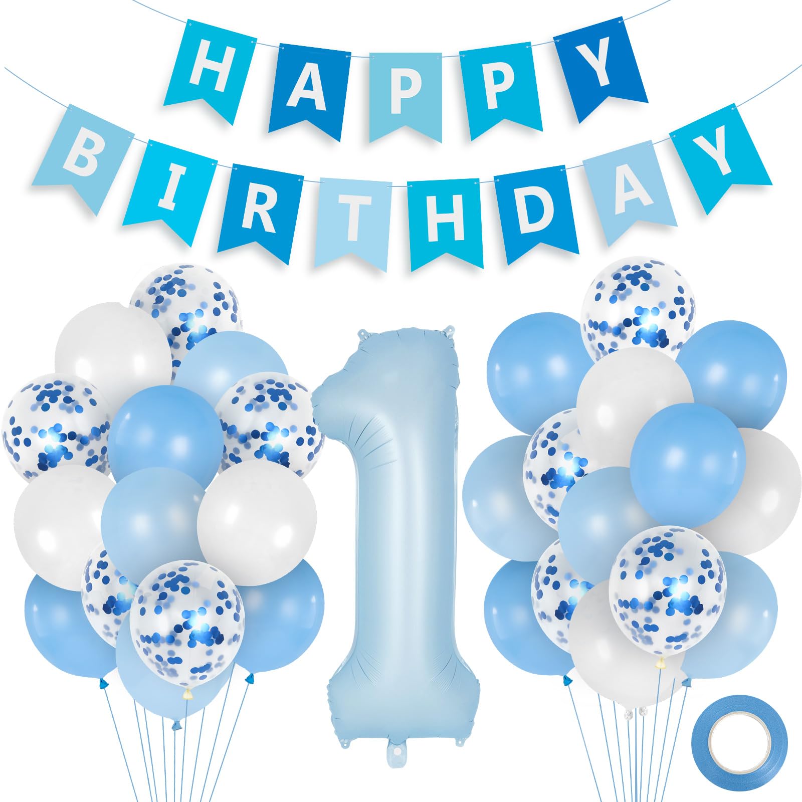 Baby Blue 1st Birthday Decoration, Happy Birthday Banner with 40 Inch Foil Number 1 Balloons, Blue White Confetti Latex Balloons for Baby Girl Boy 1
