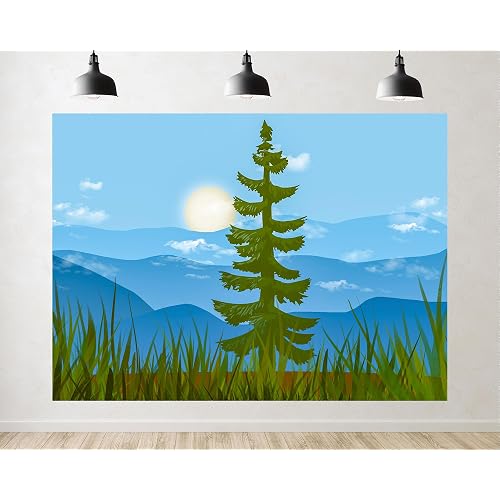 Trykid 7x5ft Cartoon Pine Hill Backdrop Tall Spruce Green Grass Layered Blue Mountain Sun Sky Photography Background Highland Wild Home Party Decoration Tapestry Photo Booth Prop Fabric