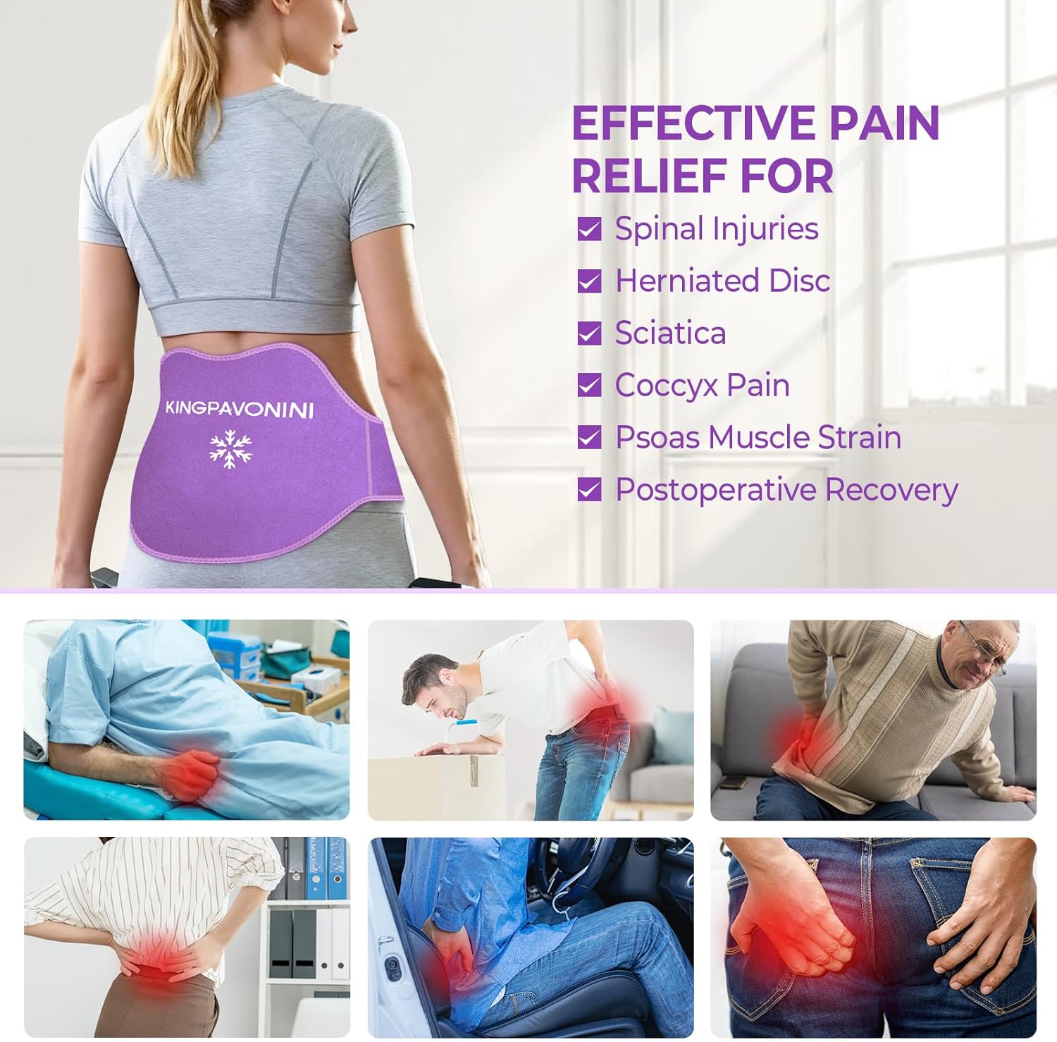 KingPavonini Extra Large Ice Pack for Back Pain Relief with Extension Strap, Reusable Lower Back Gel Ice Wrap for Lumbar Surgery, Sciatica, Herniated Disc, Coccyx Pain, Cold/Hot Therapy, 2 Gel Packs