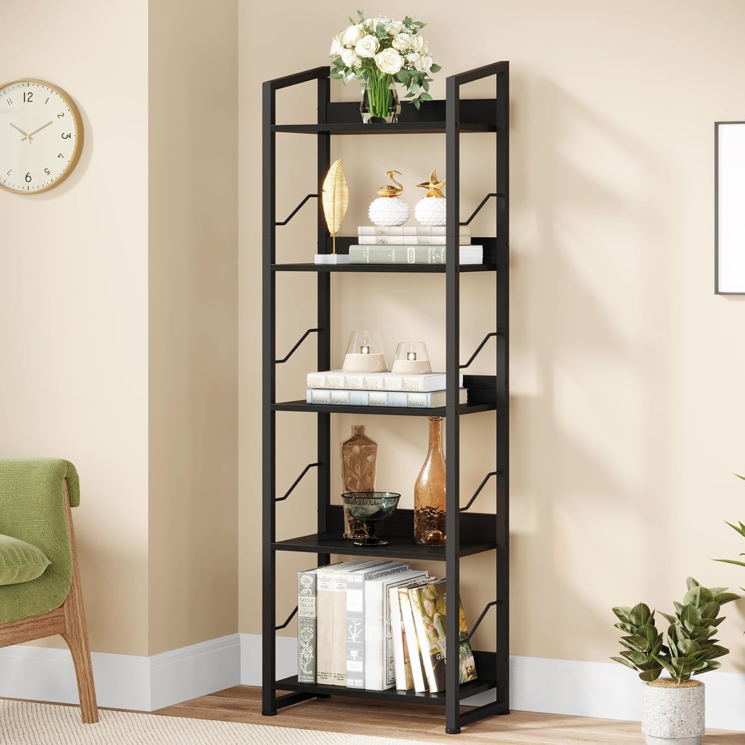 hosfais 5 tier tall bookshelf: industrial wood book shelf with edge protection metal narrow bookshelf bookcase storage organizer display rack for living room home office (black)