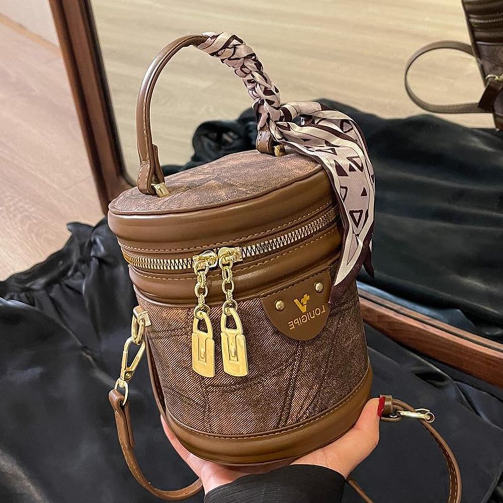 RTGGSEL Retro Canvas Bucket Bag Color Contrast Cylinder Purse for Women Shoulder Crossbody Handbag with Zipper - Image 3
