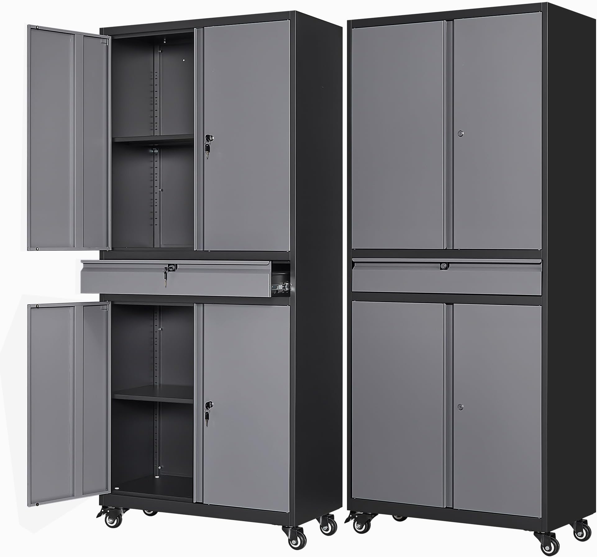 Letaya Metal Garage Storage Cabinet with Wheels,72” Rolling Tool Cabinet with 4 Door Lock-Adjustable Shelves and Drawer for Garage Home Office Utility Room (Black&Gray with Wheels)