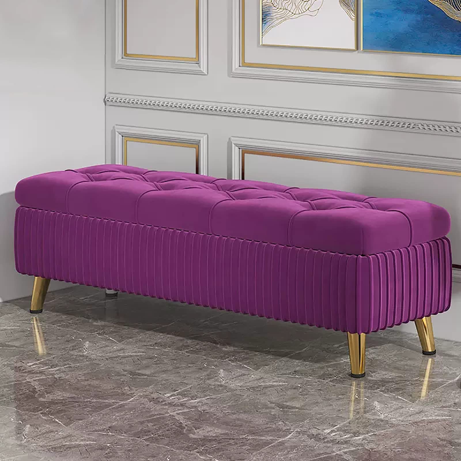 Banc à chaussures en velours rembourré avec boutons pour l'entrée
