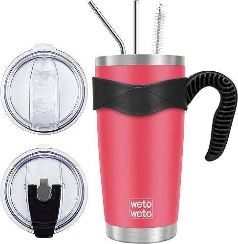 Vista 220 de WETOWETO - Vaso térmico de acero inoxidable de 20 onzas con mango, taza de café con 2 tapas y 2 pajillas, doble pared con aislamiento al vacío, vaso
