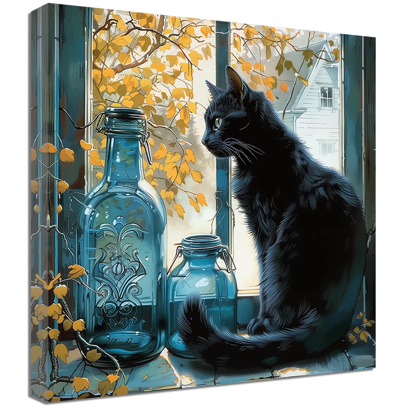 Impression vintage tableau sur toile chat noir mignon déco maison 24 po