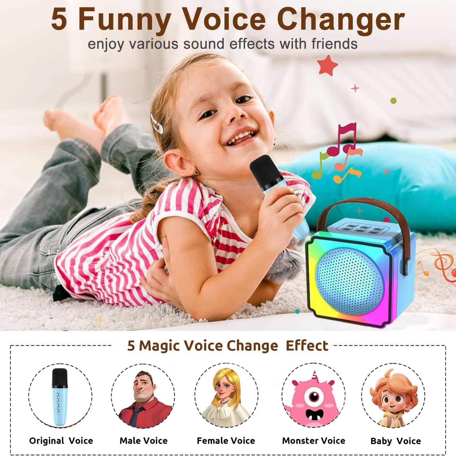 Machine Karaoké Enfant Joycome Rose – 2 Micros Sans Fil Bluetooth, Effets Lumineux LED, Changement De Voix – Cadeau Fille 3-12 Ans Anniversaire