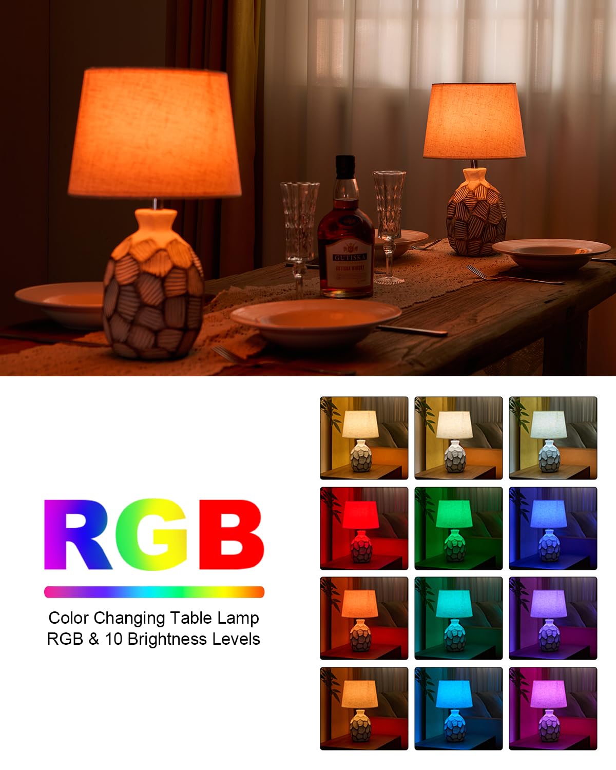 Piccola lampada da tavolo ricaricabile senza fili, 33 cm, base in ceramica costiera | Lampada da comodino a batteria, telecomando RGB, con telecomando, luce calda per camera da letto, soggiorno, cucina, patio