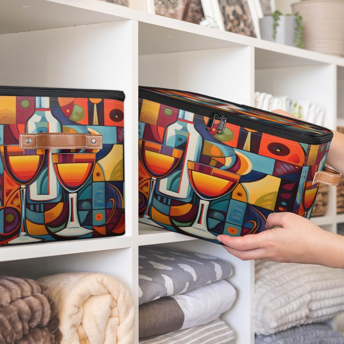 Storage Bin Set of 2 Abstract Art Wine Storage Basket with Zipper Lid & Handle Foldable Closet Shelf 2 Pack Cloth Organizer Basket Cube Bins Clothes Organizer for Nursery, Bedroom