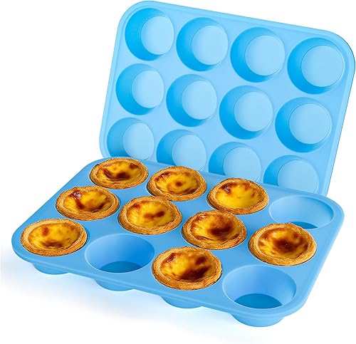 Miniatura 11 de Bangp Molde de silicona para magdalenas de 12 tazas con marco reforzado de metal, paquete de 2 moldes para cupcakes de tamaño regular, moldes de Rojo