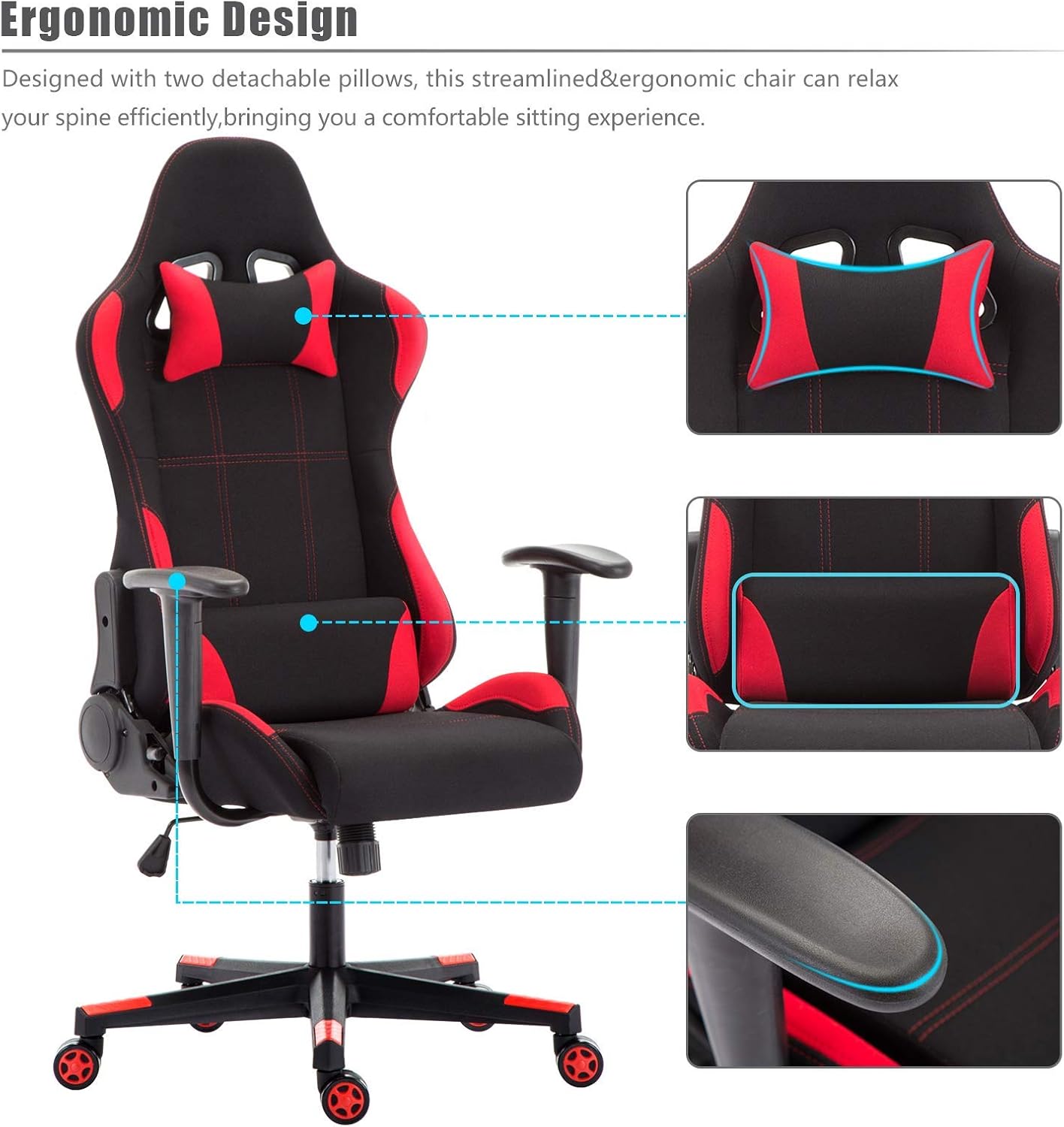 Racing Chair Computer Chair PU Gaming Chair with Headrest Lumbar Cushion 135 Degree Reclining Angle Blue Colour:Grey (Color : Red)
