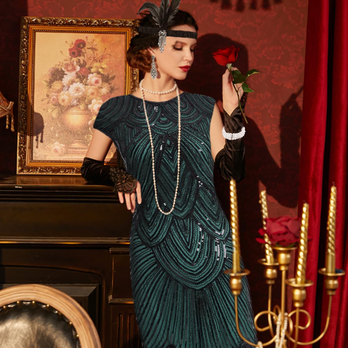 WILDPARTY Vestidos de los años 20 para mujer, vestido flapper con lentejuelas y cuentas, medias de malla con flecos, vestido de los años 20, disfraz vintage de mafia para mujer