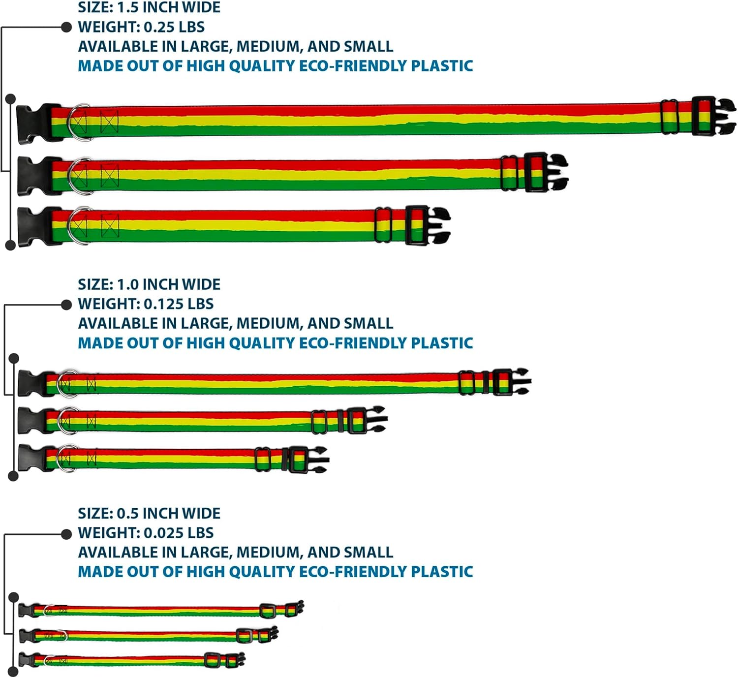 Dog Collar Plastic Clip Rasta Stripes Painted Green Yellow Red 13 to 18 Inches 1.5 Inch Wide