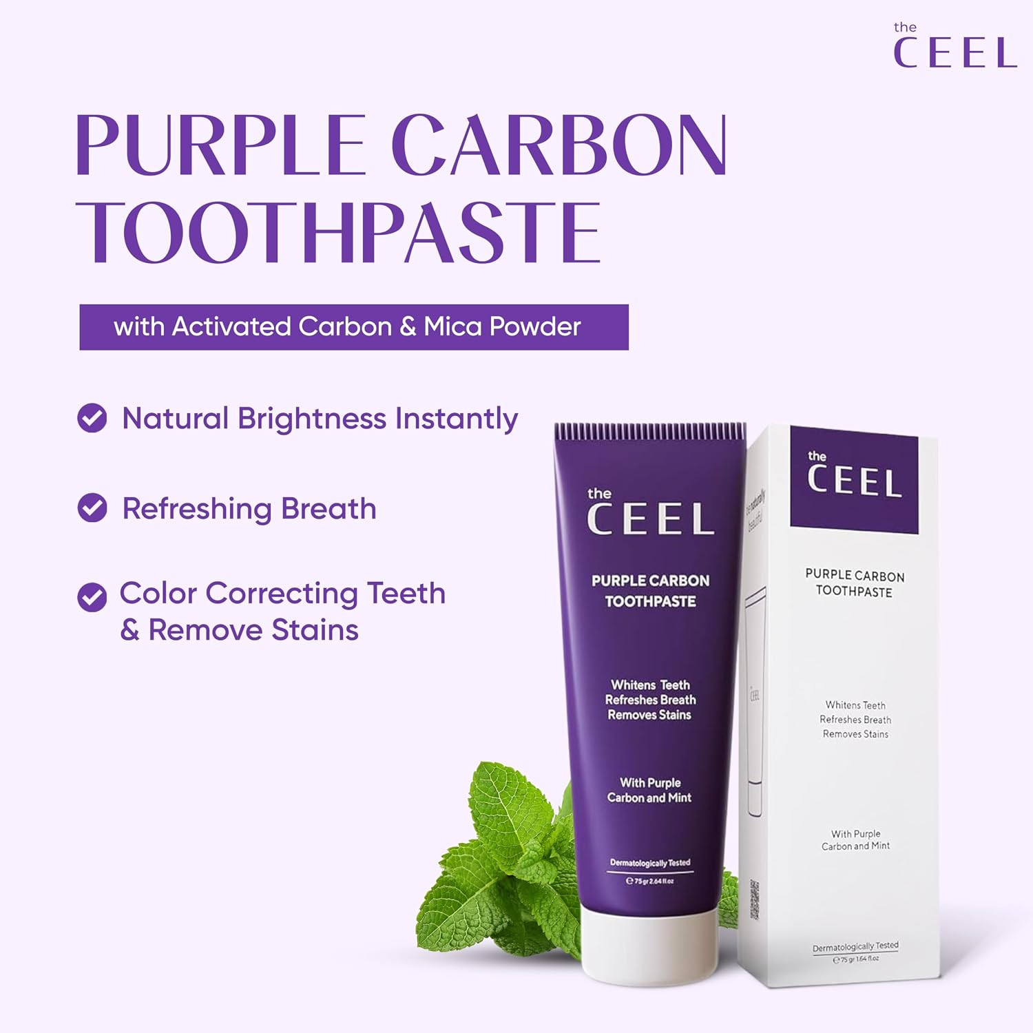 The Ceel Purple Toothpaste for Teeth Whitening with Activated Carbon & Mica Powder - Color Correcting Teeth, Stain & Plaque Remover Oral Care Formula with Mint Flavor - Gentle on Enamel & Gums - 75g image 2