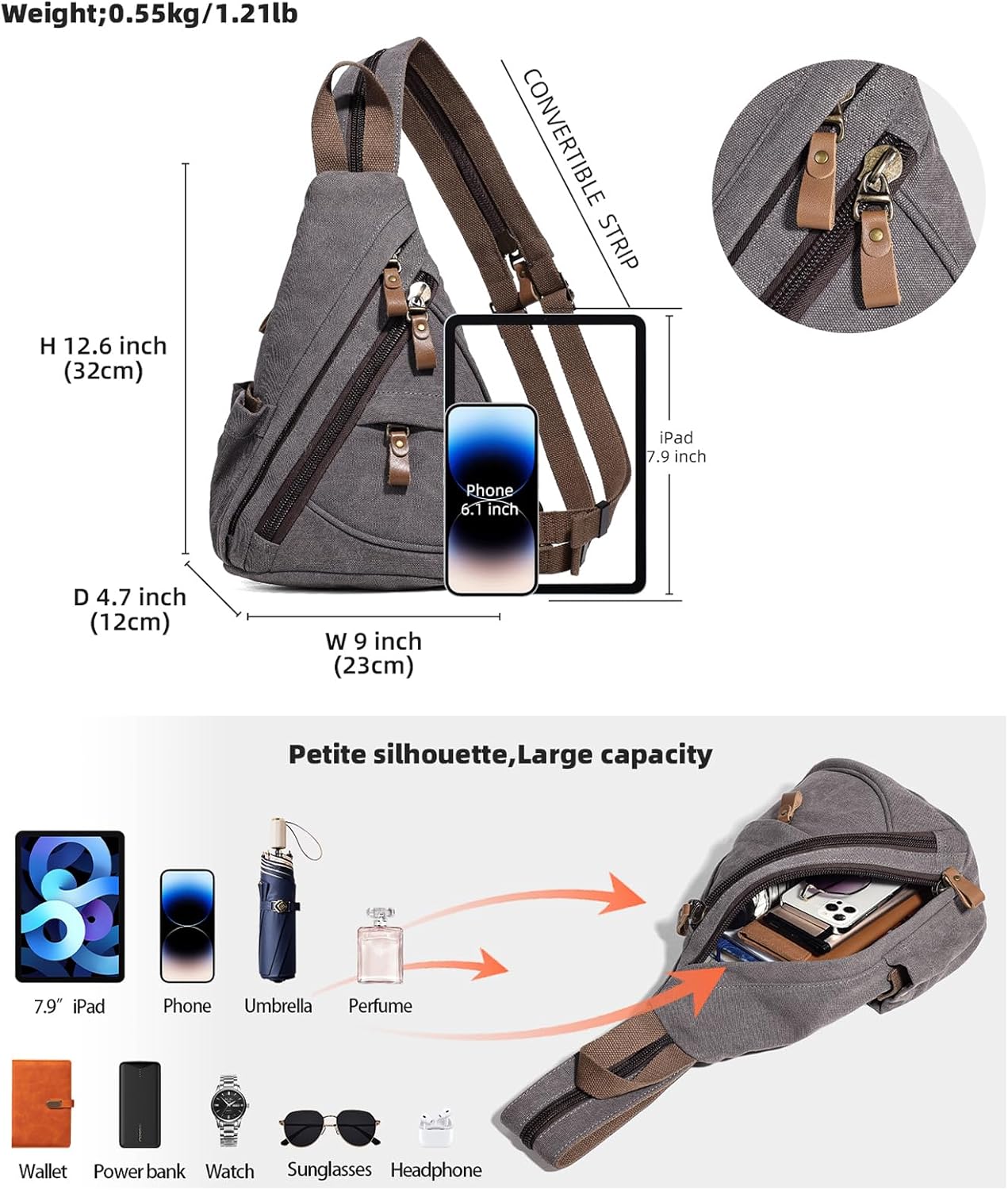 KL928 Canvas Sling Bag - Small Crossbody Backpack Shoulder Casual Daypack Rucksack for Men Women(Small Version, Dark Grey) - Image 2