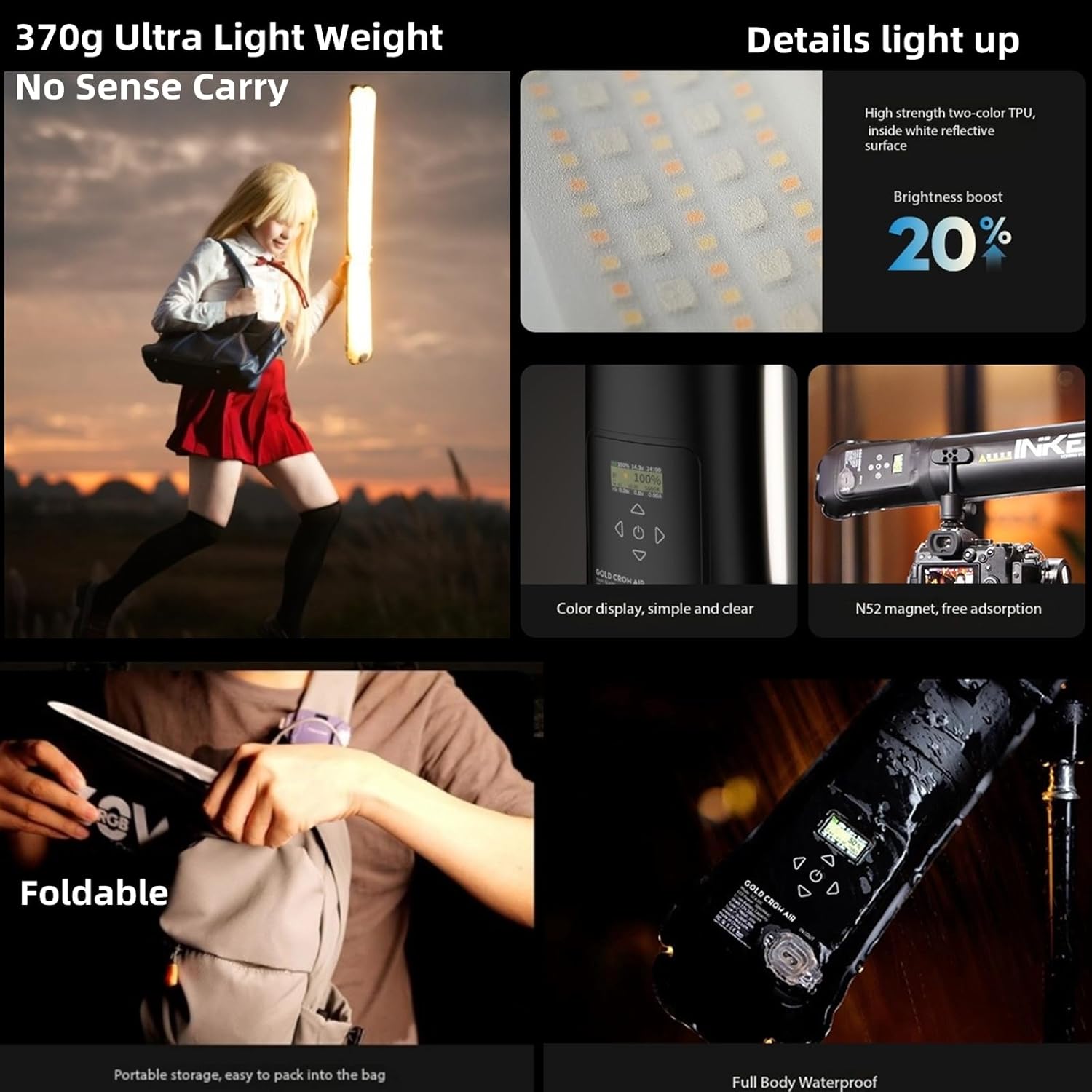 INKEE GC30C 30W RGB Inflatable LED Tube Light, Magnetic Portable Handheld LED Light Stick, Colorful Video Light Wand Air Stick for Photography, Foldable Light 36wh 5000mAh Battery 2000-10000k