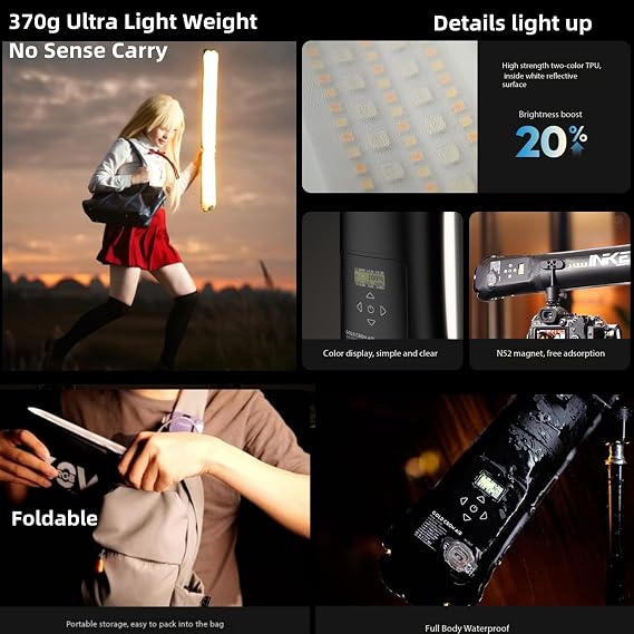 INKEE GC30C 30W RGB Inflatable LED Tube Light, Magnetic Portable Handheld LED Light Stick, Colorful Video Light Wand Air Stick for Photography, Foldable Light 36wh 5000mAh Battery 2000-10000k