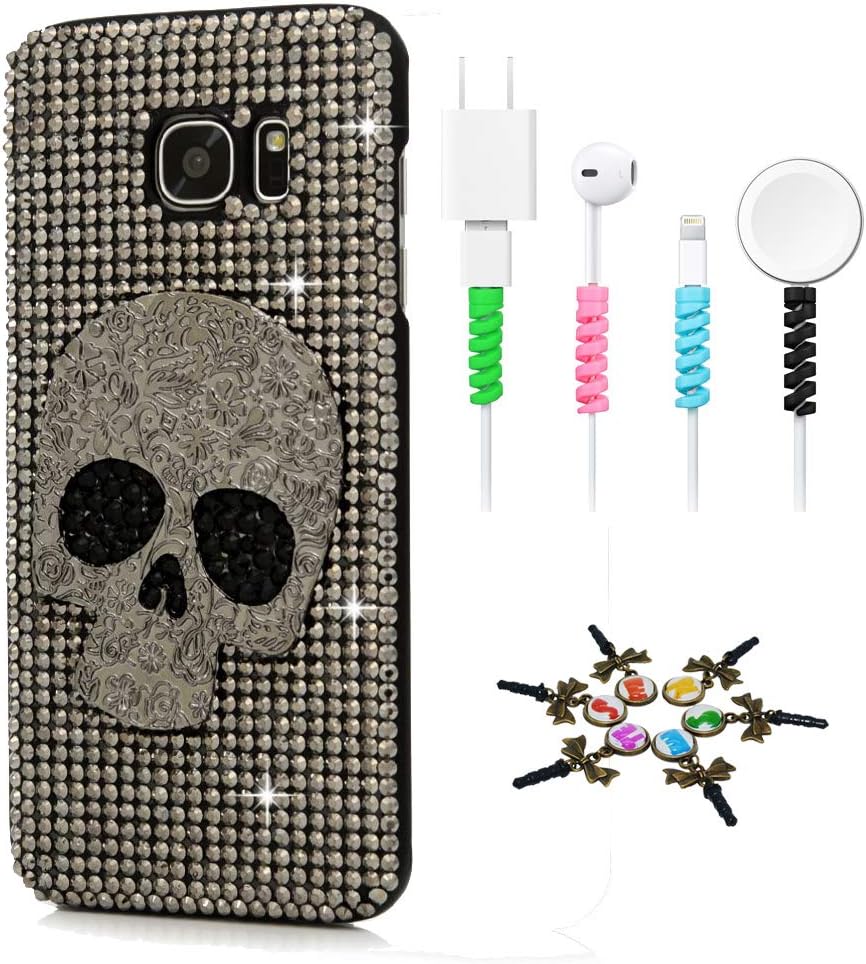 STENES Sparkle Case Compatible with Samsung Galaxy S10 6.1 Inch - Stylish - 3D Handmade Bling Big Skull Design Cover Case with Cable Protector [4 Pack] - Silver