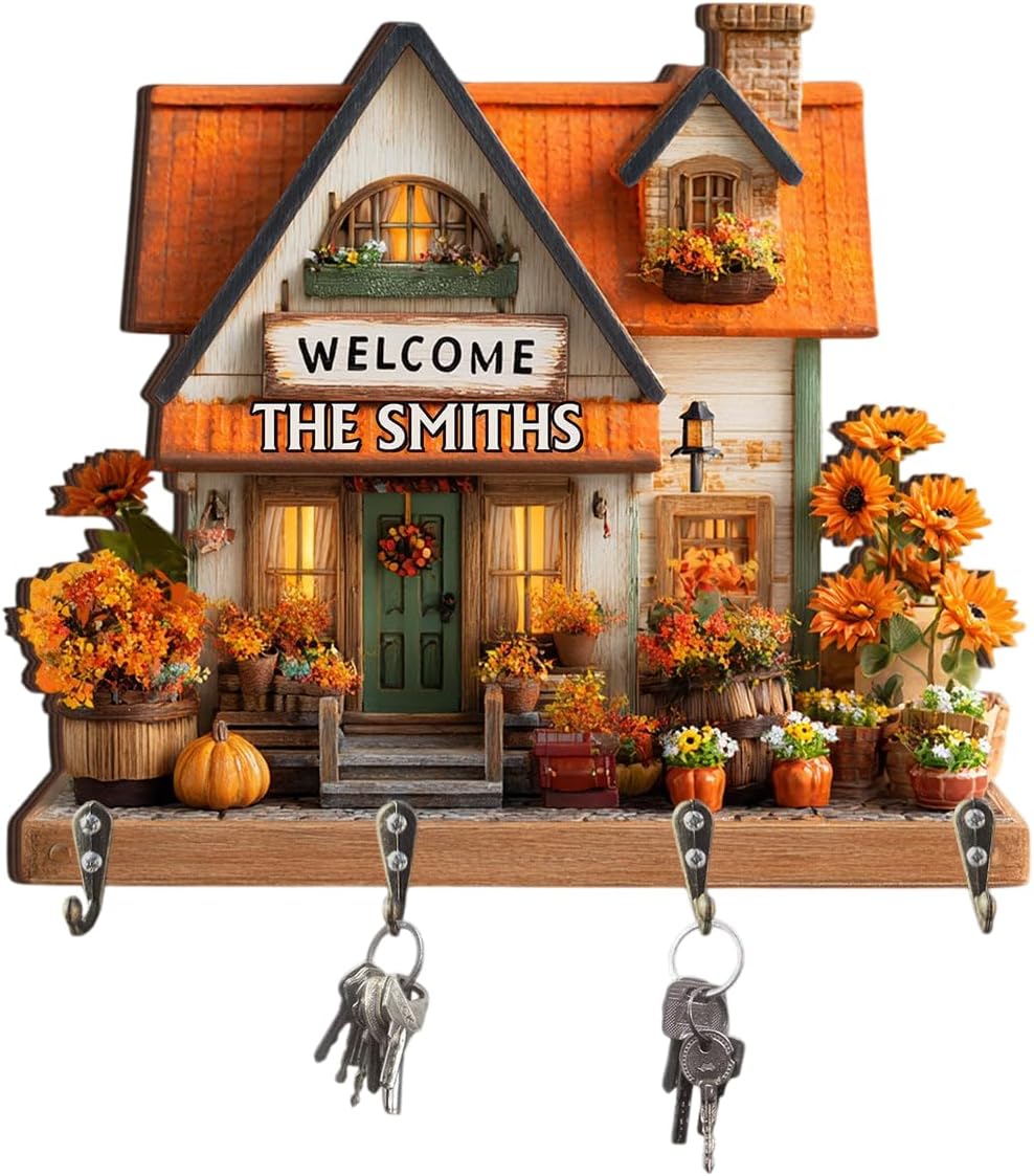 Happy Family - Personalized Family Custom Shaped Key Rack for Wall, Wooden House-Shaped Key Hanger with Keychains, Sweet Home Decor, Entryway Organizer