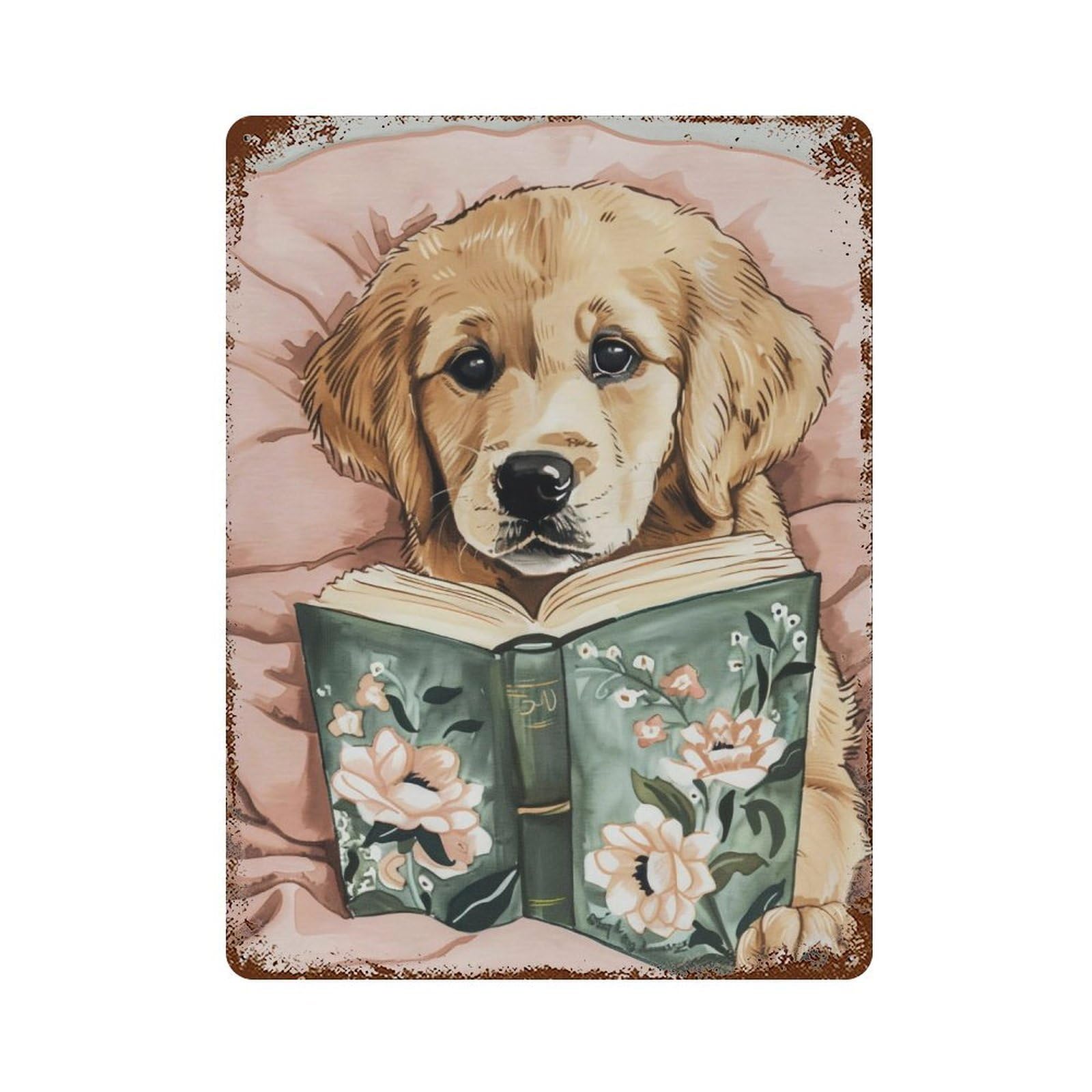 FHUYEURHRY Cute Golden Retriever Puppy Reading 02 Wall Decor Retro Iron Vintage Art Metal Tin Sign Poster Modern Home Cofffee Club Art Bar Shop Decorations Style-24 40x30cm
