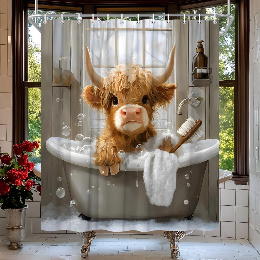Farmhouse Highland Cow Bathroom Shower Curtain Funny Bull in Bathtub Bubbles Western Cute Calf Wooden Board Watercolor Animal Bath Curtain Fabric Bathroom Accessories Decor with Hooks 90W x70L
