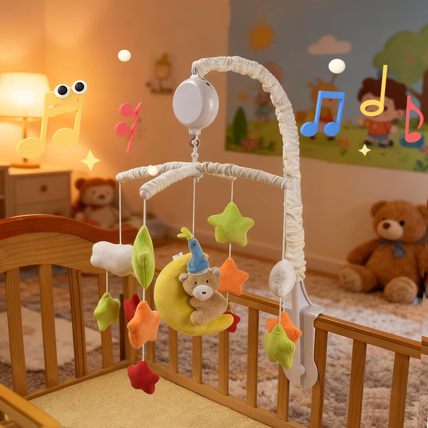 HLLEDUO Crib Mobile for Boys or Girls - Baby Crib Mobile with 35 Lullaby Music Rotating Auto-Shutoff, Clouds/Stars/Moon&Bear Starry Sky Theme Nursery Decor, Cotton Baby Mobiles for Cribs & Pack N Play