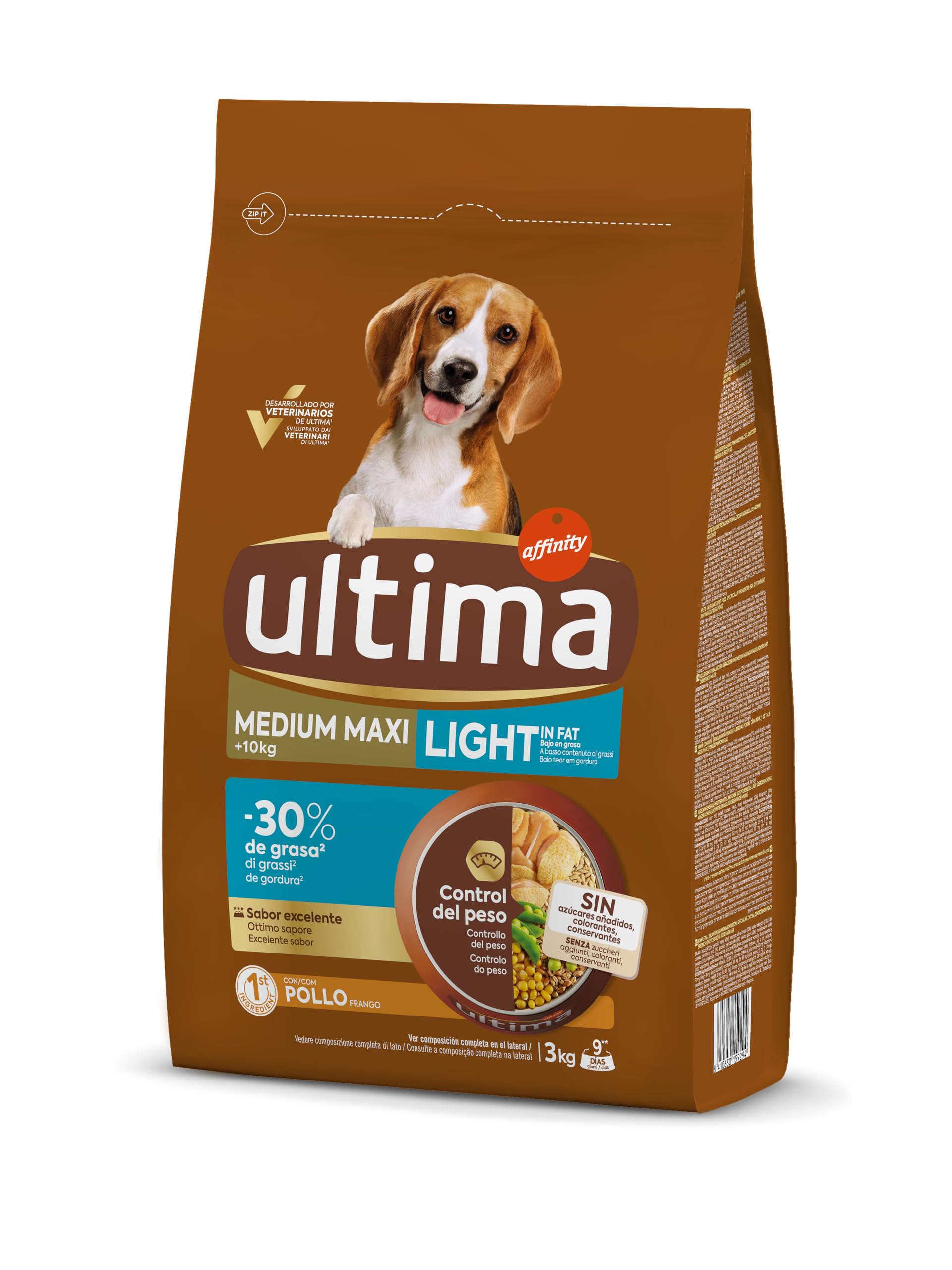 Ultima Medium-Maxi Light In Fat Pollo, Comida seca para perros, Pack de 3 x 3kg, Total 9kg