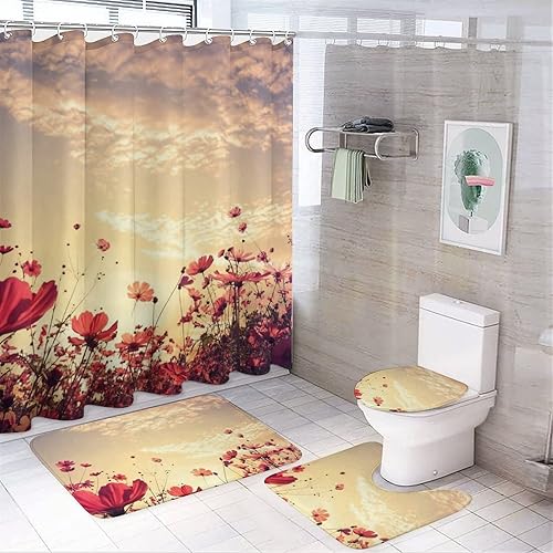 Hermosos juegos de cortinas de ducha con flores rojas y rosas con alfombras antideslizantes, 4 piezas, juegos de baño, cubierta para tapa de