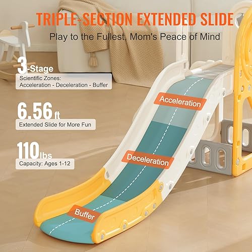 Miniatura 4 de Happybuy Tobogán para niños de 1 a 3 años con escaleras escalables, aro de baloncesto y espacio de almacenamiento, juego para interiores y