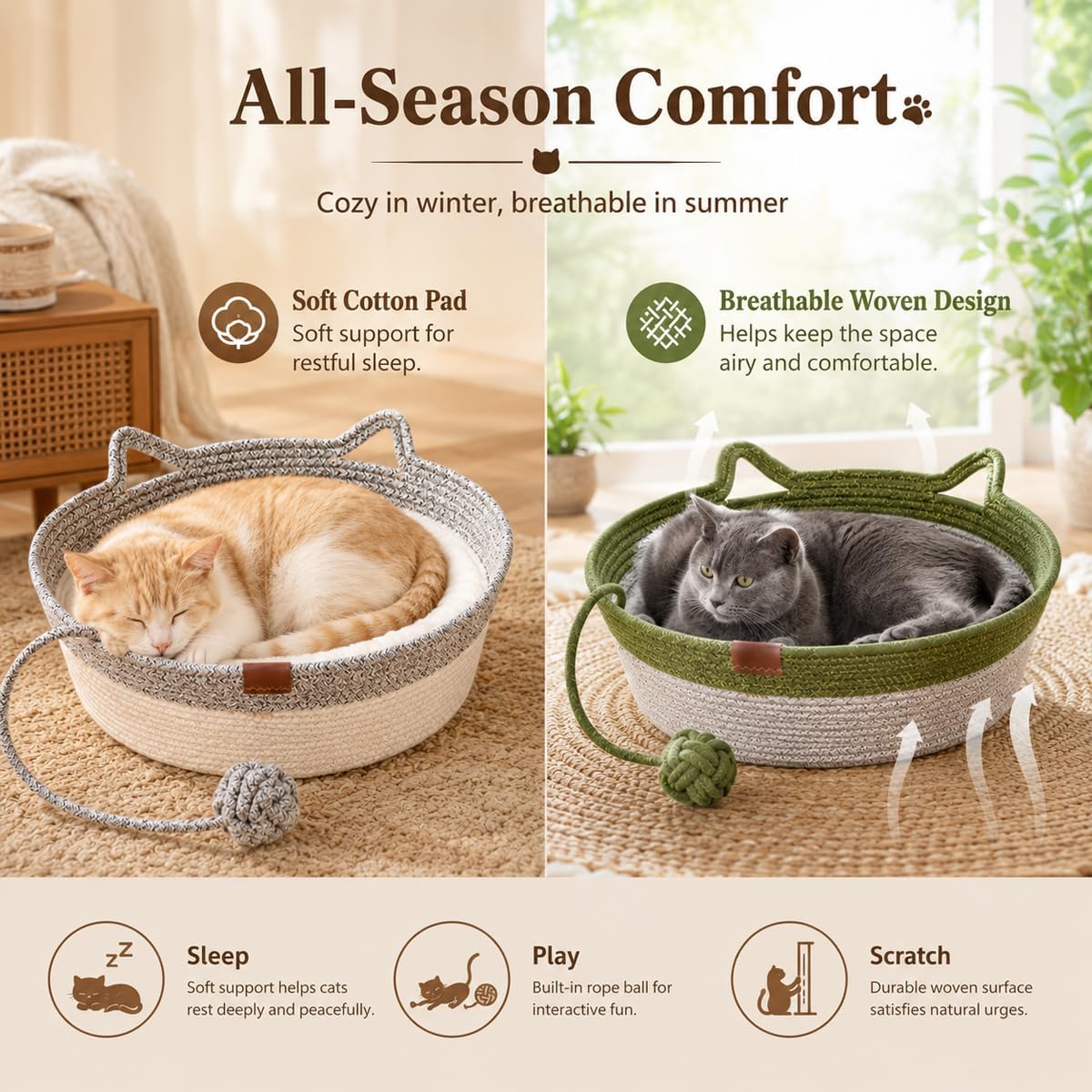 Instinct Basket for Cats, Handwoven Cotton Rope Cat Basket Bed with Toy Ball and Cat Ear Handles, Scratchable Breathable Round Woven Cat Basket for Indoor Cats (Large,Gray White Basic) thumbnail