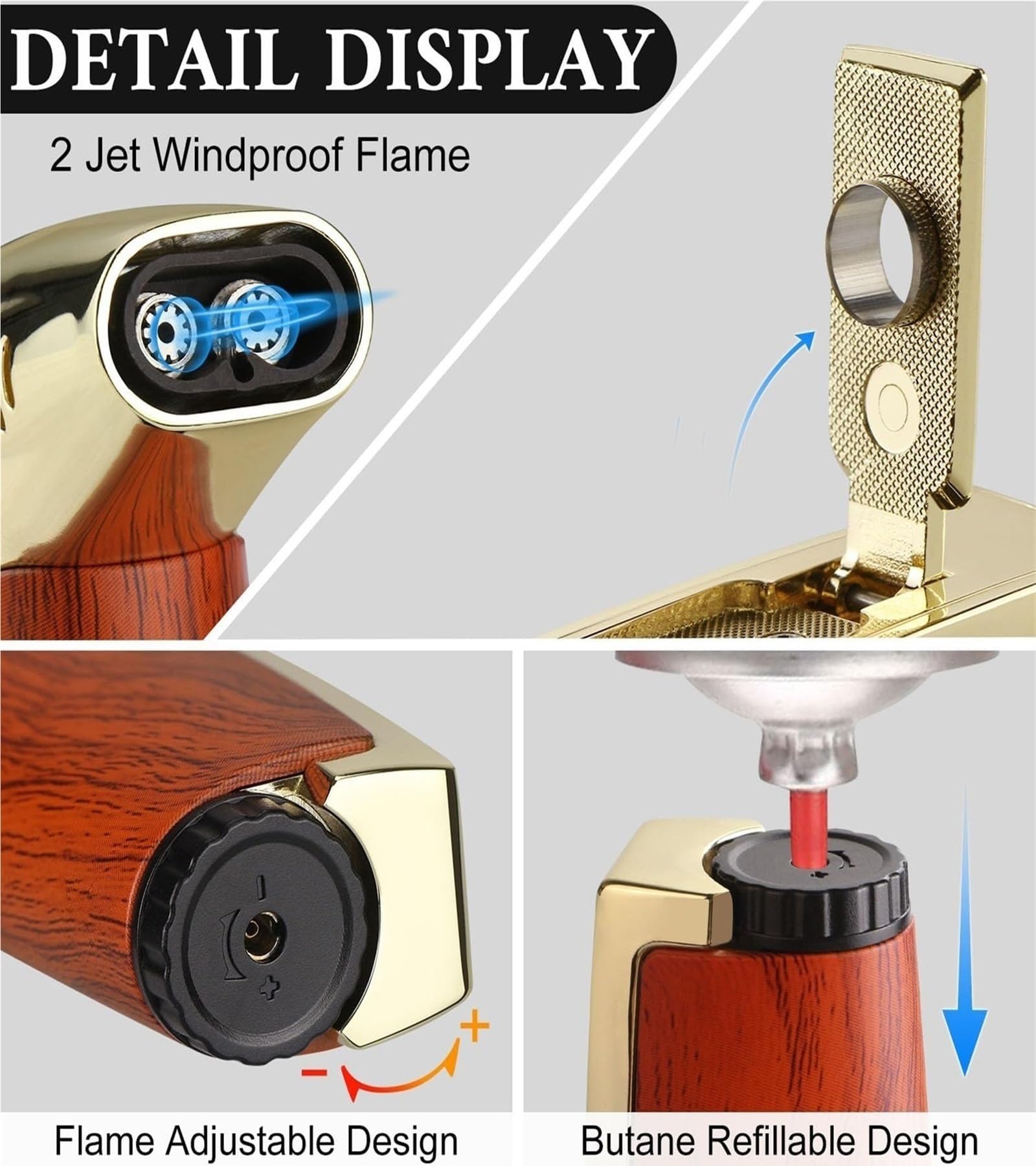 Zapalniczka butanowa Dual Jet Flame, metalowa, wiatroszczelna, regulowany płomień, wielokrotnego napełniania, idealna na kemping, zajęcia na świeżym powietrzu, prezent dla mężczyzn